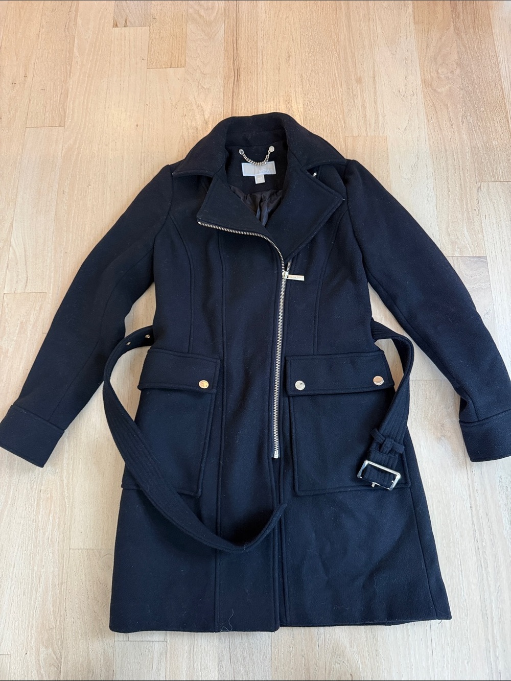 Michael Kors Black Asymmetric Zip Belted Trench Coat